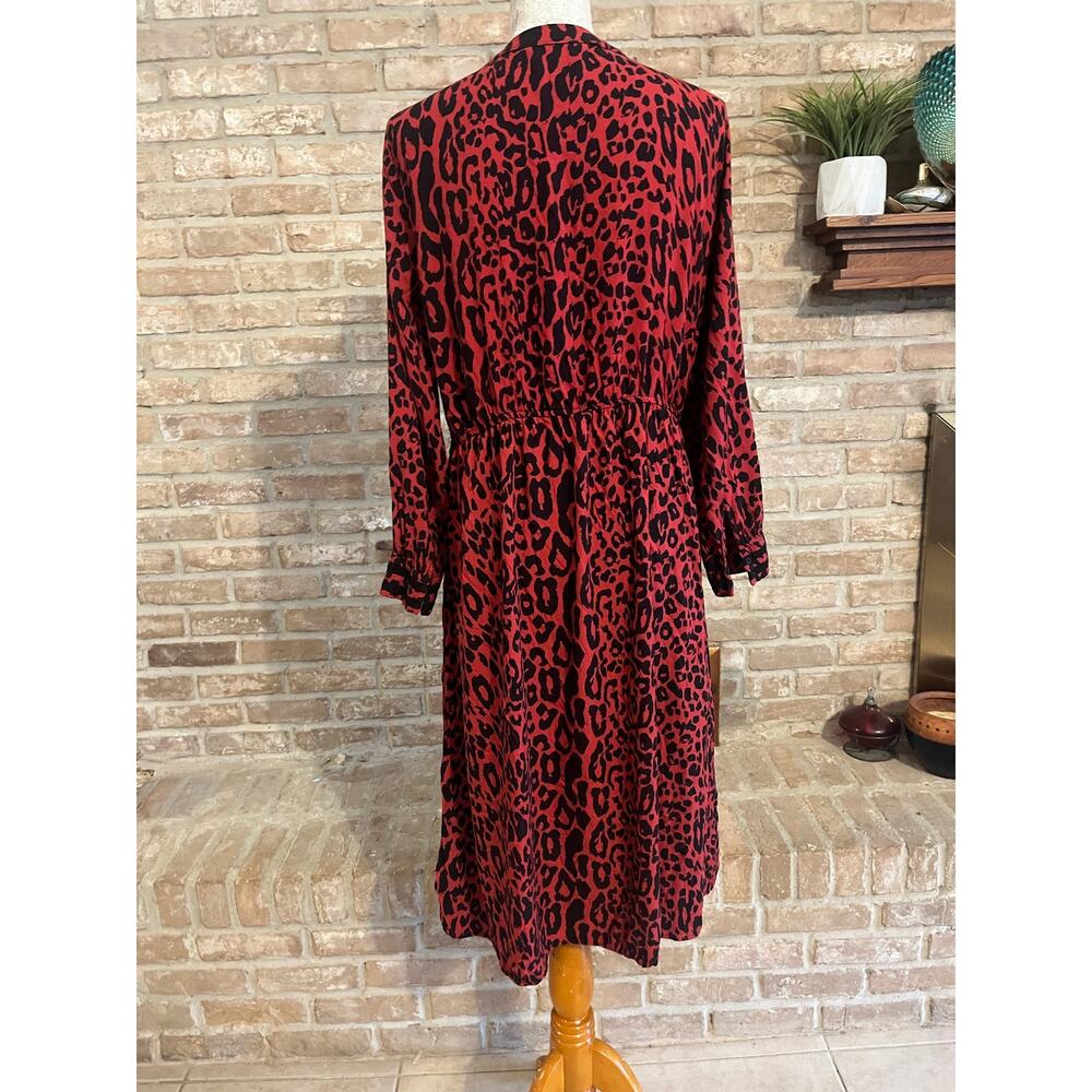 Zara Womens Red Leopard Print Midi Dress Tie Sz L - Picture 5 of 6